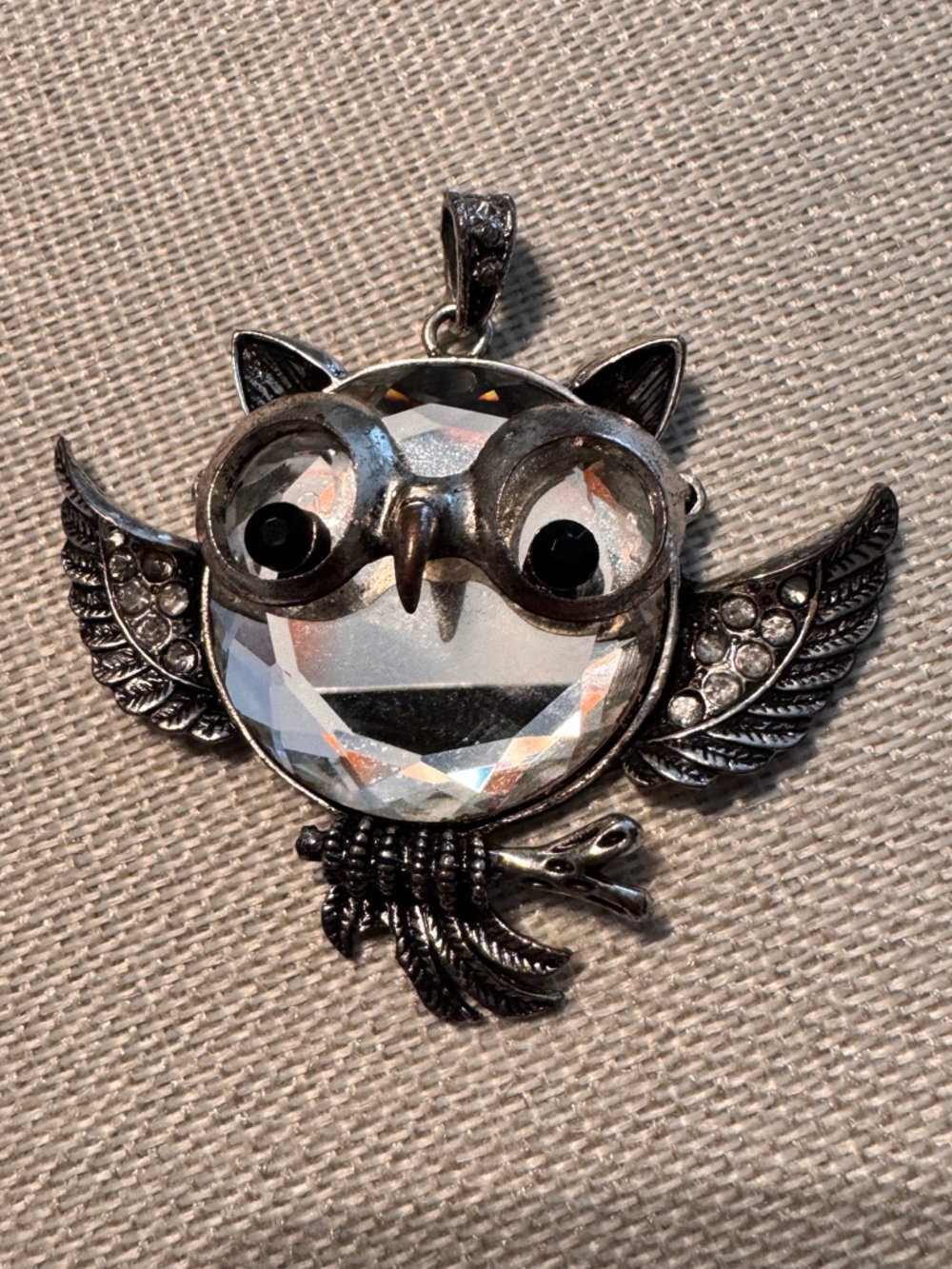 Owl pendant large clear crystal body rhinestones on wings black gemstone eyes